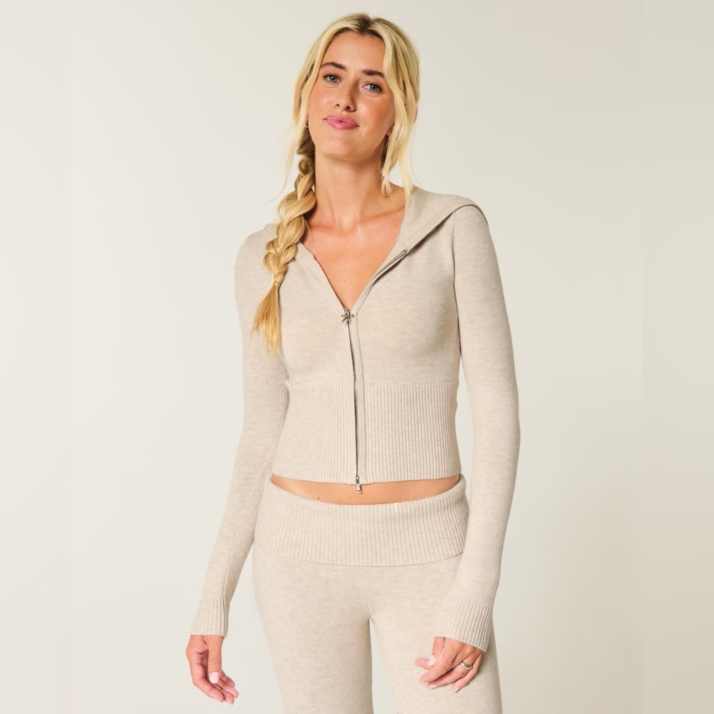 Hollister Gilly Hicks 2-Piece Sweater Knit Set Zip Hoodie Flare Pants Tan NWT S